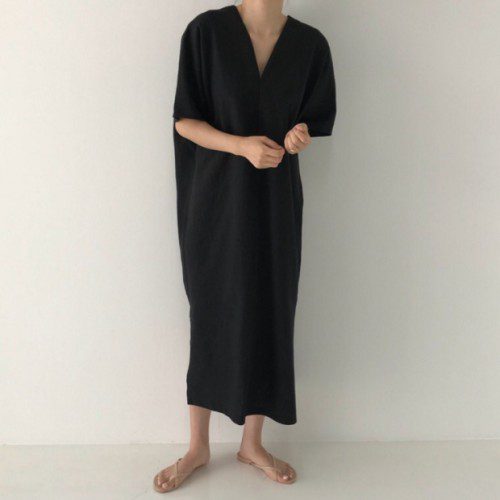 라첼 브이넥 핀턱 반팔 빅사이즈 포켓 여름 루즈핏 데일리 박시핏 맥시 린넨 롱 원피스